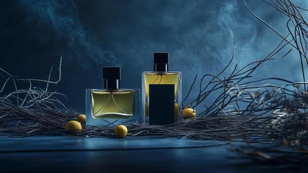 elegant-perfume-bottles-displayed-artistically-among-branches-and-yellow-accents-in-a-dark-misty-setting-photo